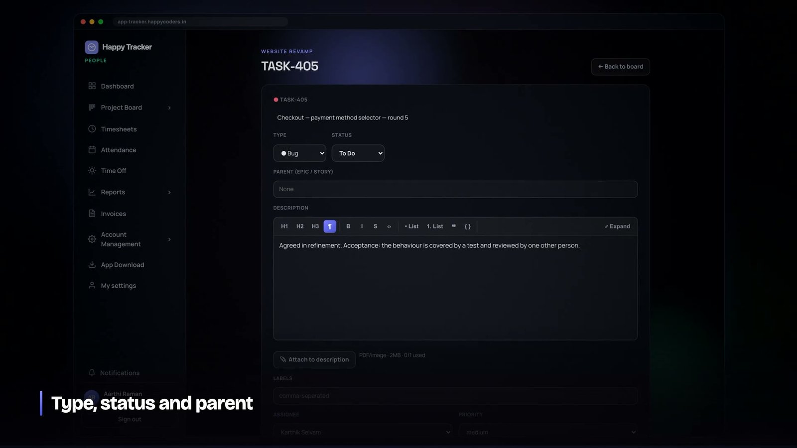 Task detail with status and parent