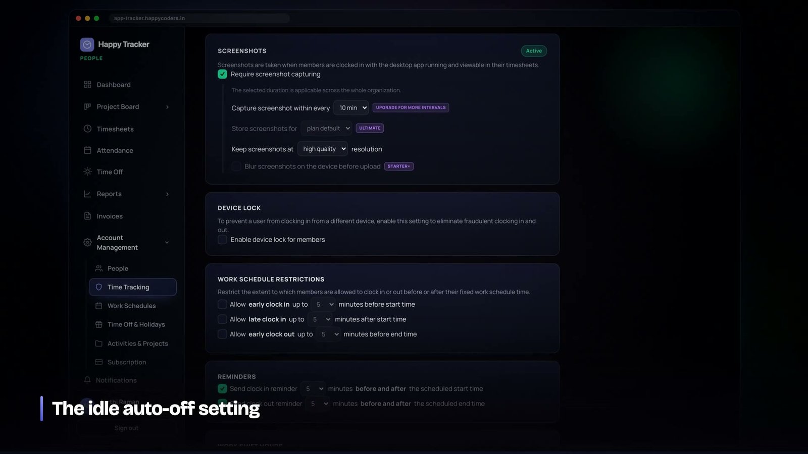 Idle auto clock-out settings