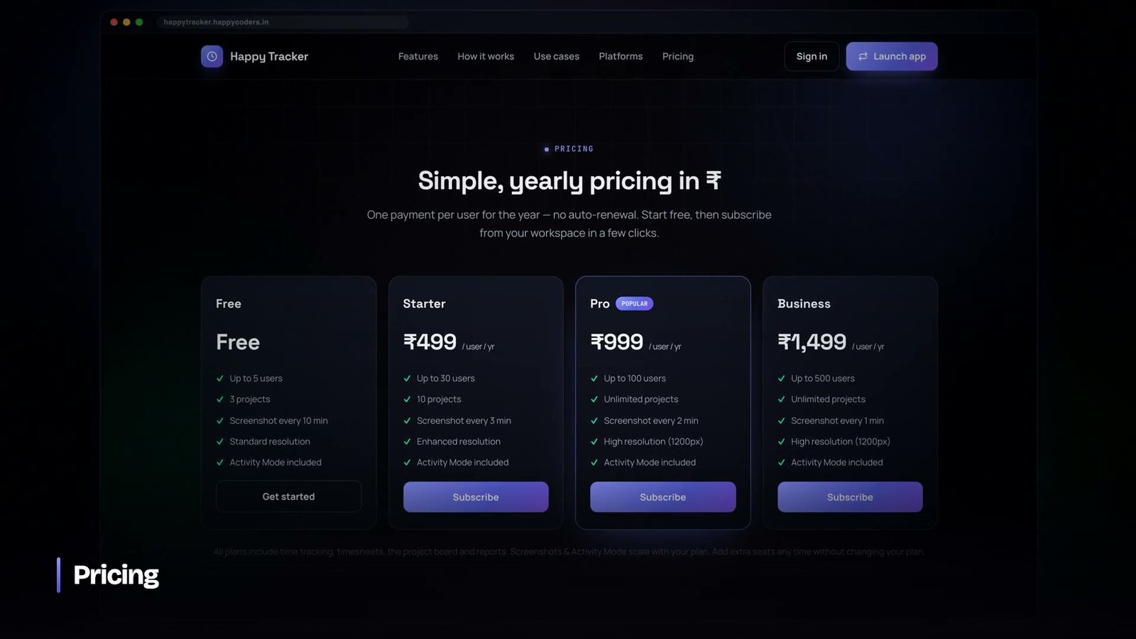 Simple yearly pricing in rupees