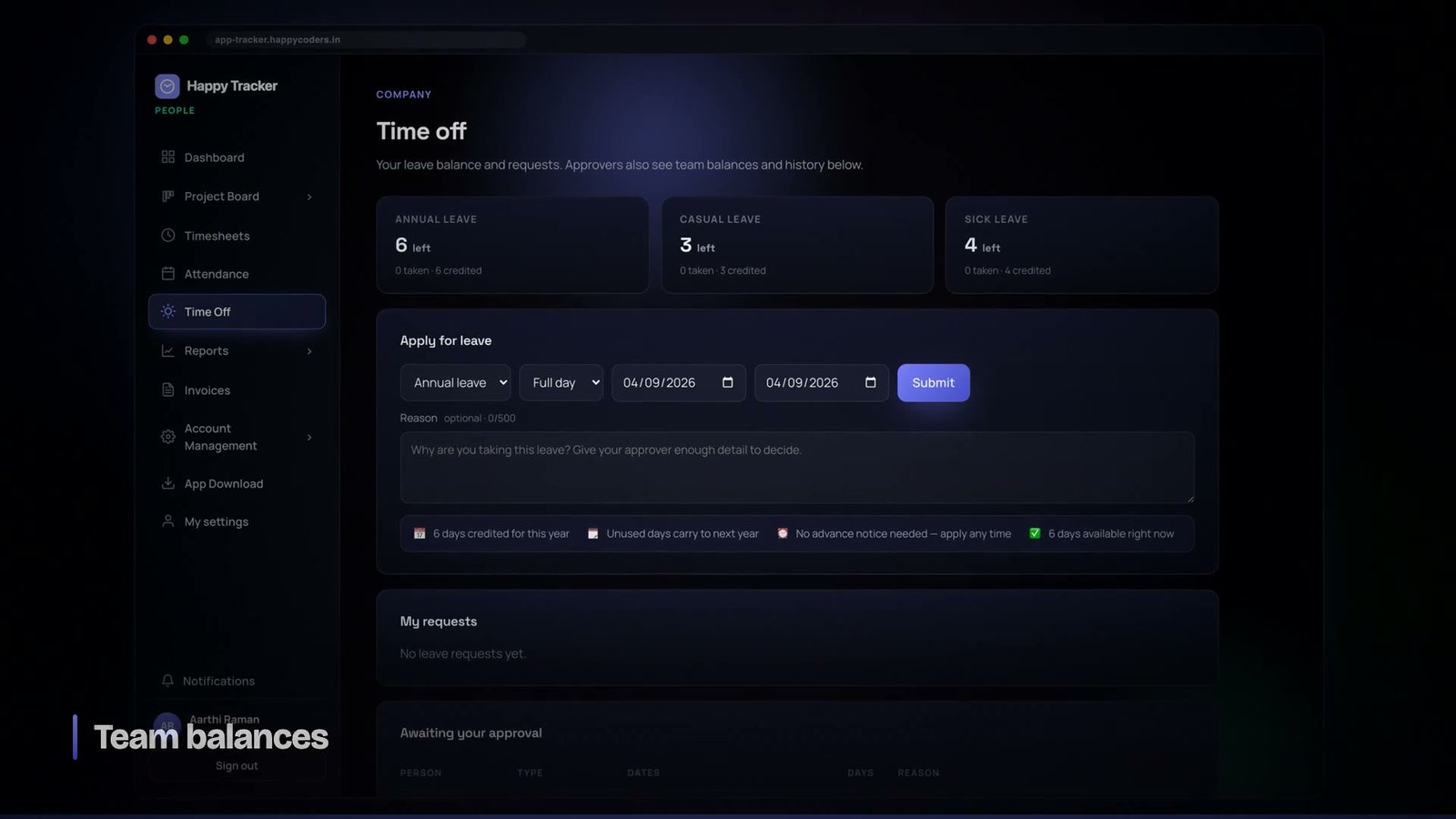 Leave balances per person
