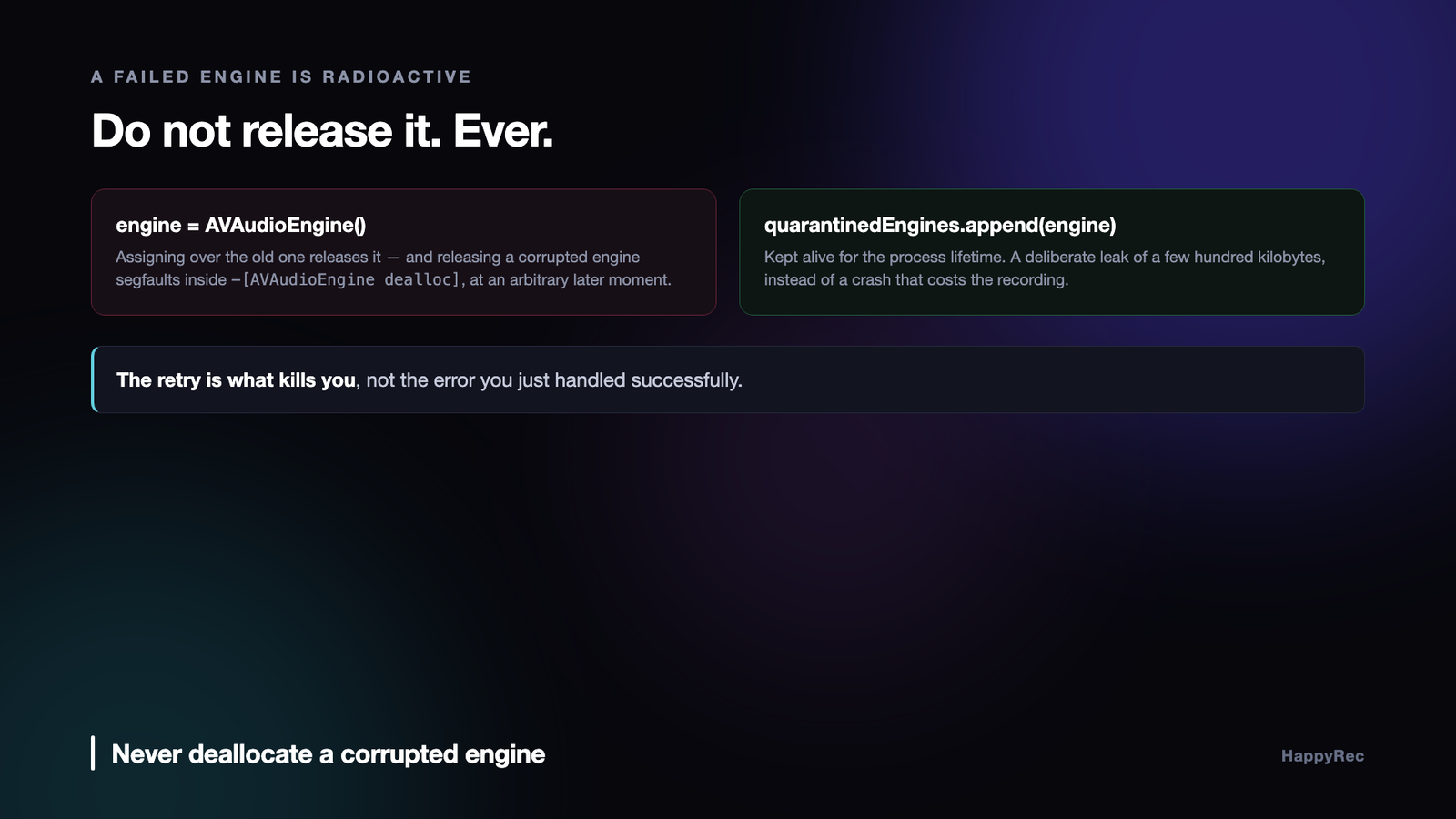 Quarantining a failed AVAudioEngine instead of releasing it