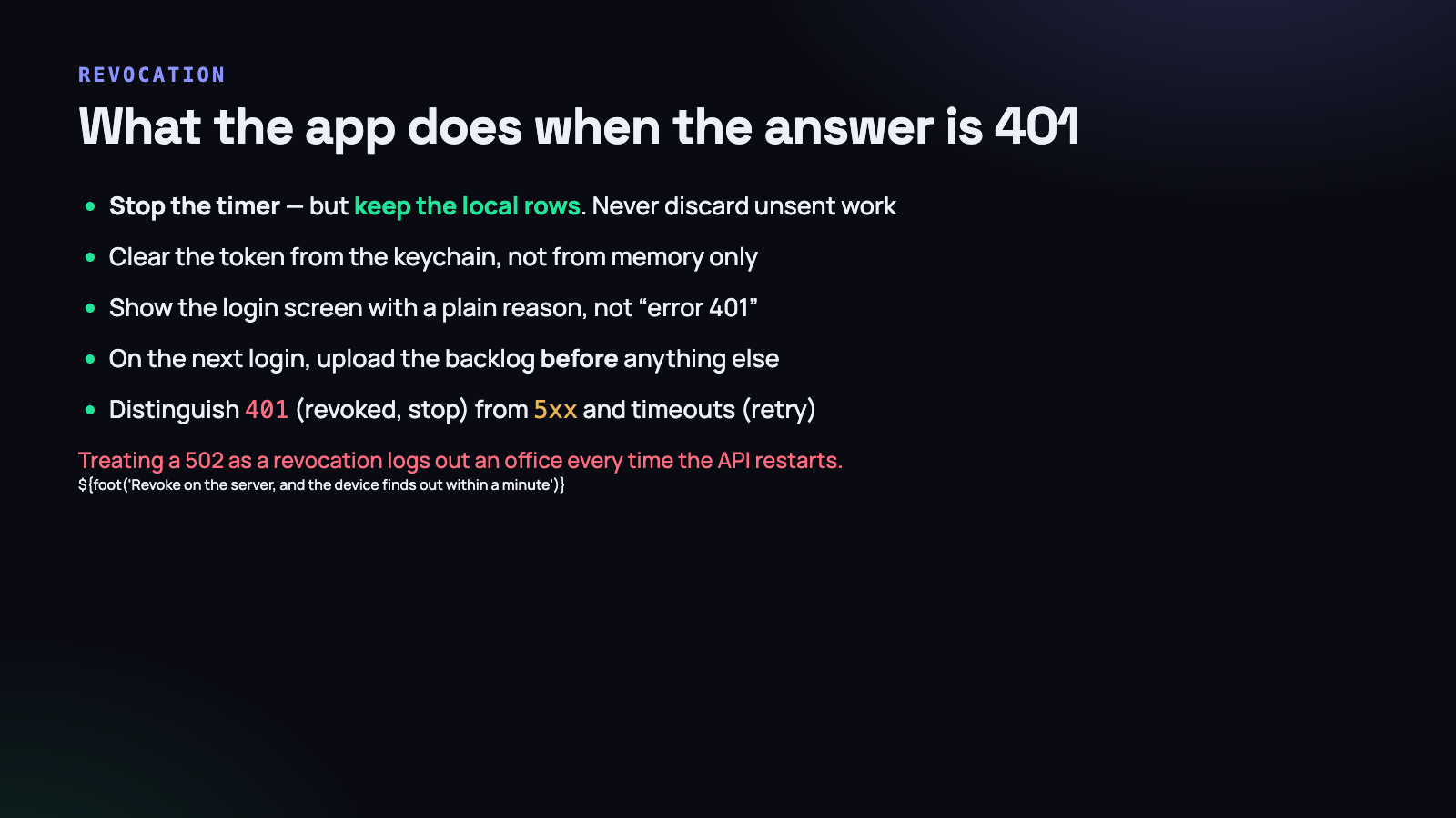 Stop the timer, keep the data. Never discard unsent work because the server said no.