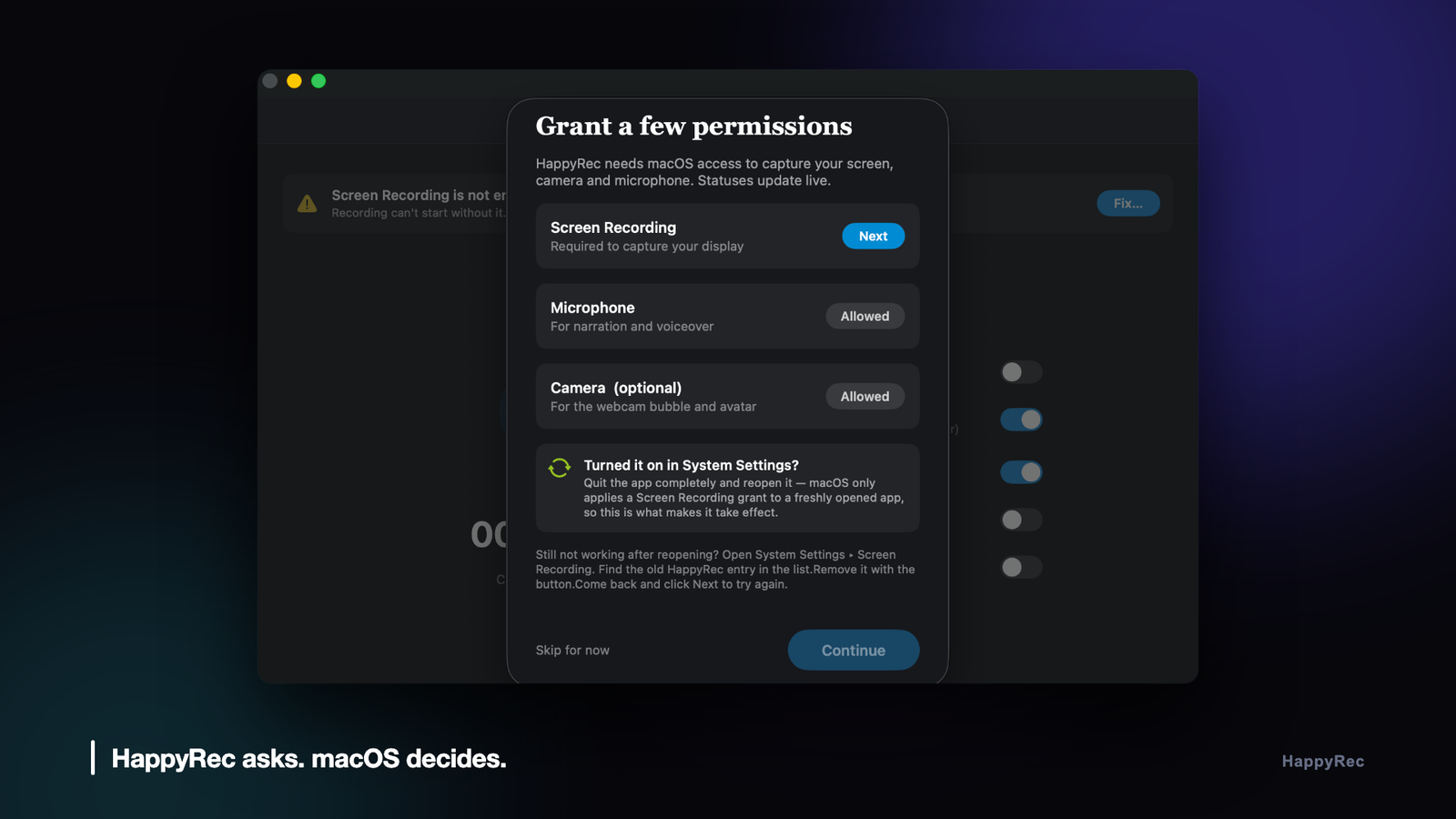 HappyRec asking for the macOS microphone permission, screen recording and camera access