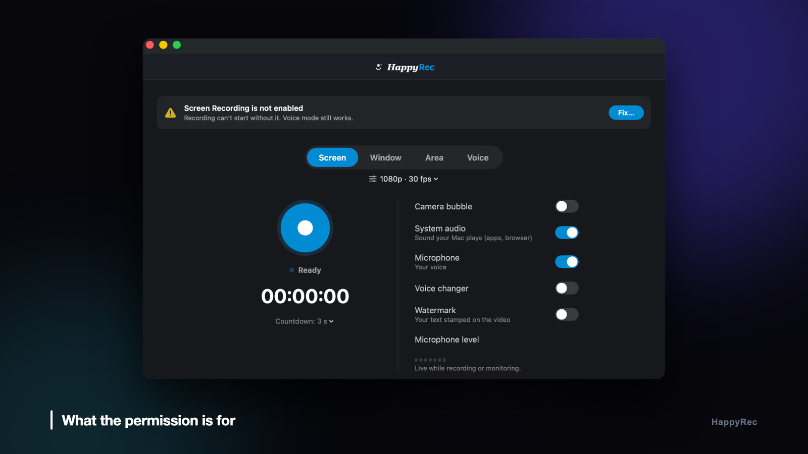 The HappyRec recorder window with microphone, system audio and voice changer toggles