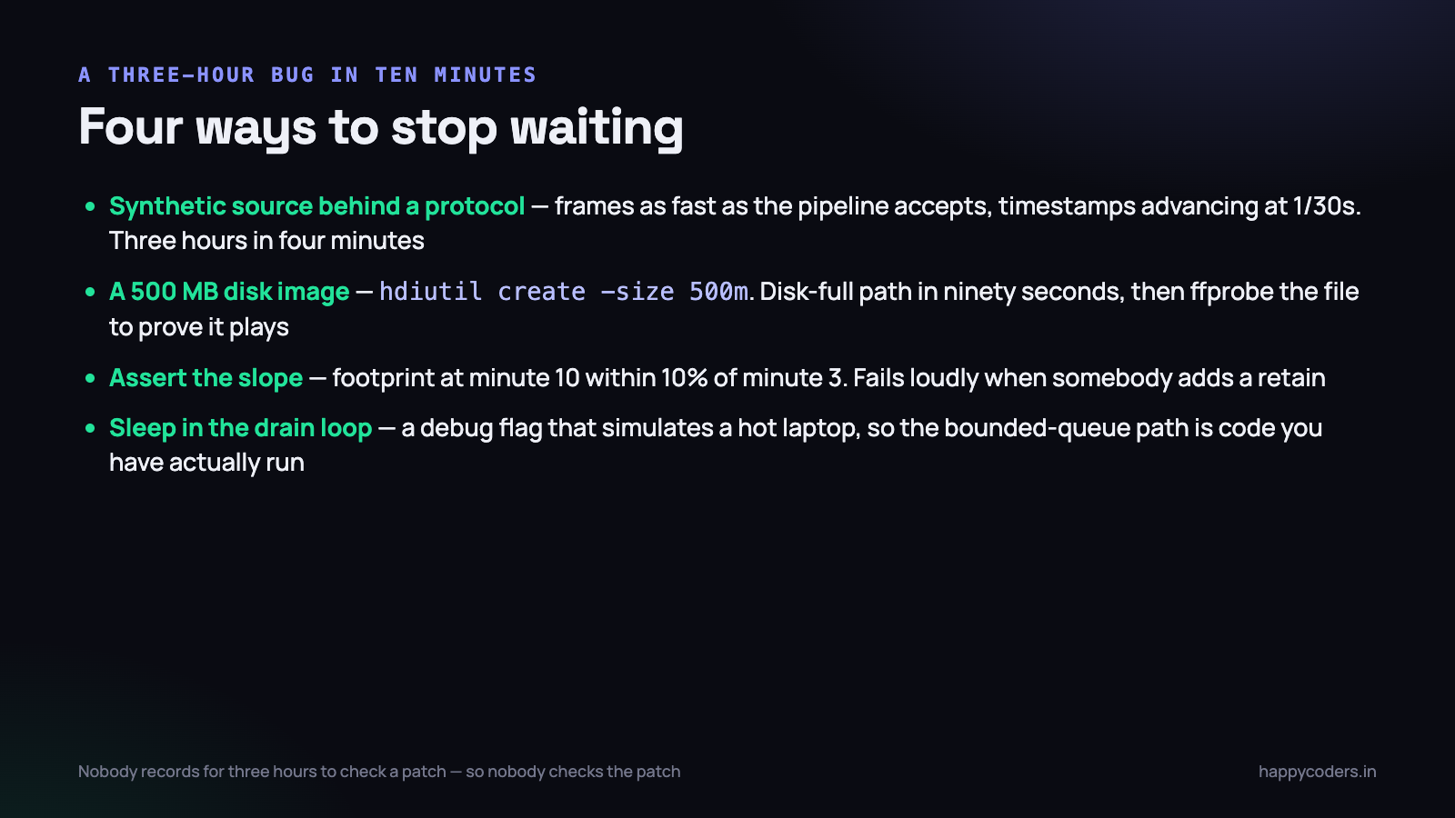 Four ways to see a three-hour bug in under ten minutes.