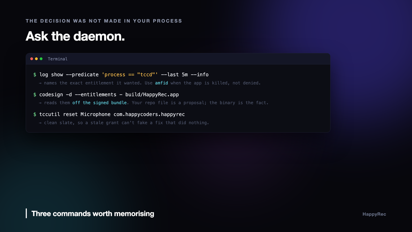 Three terminal commands for debugging a missing macOS microphone permission