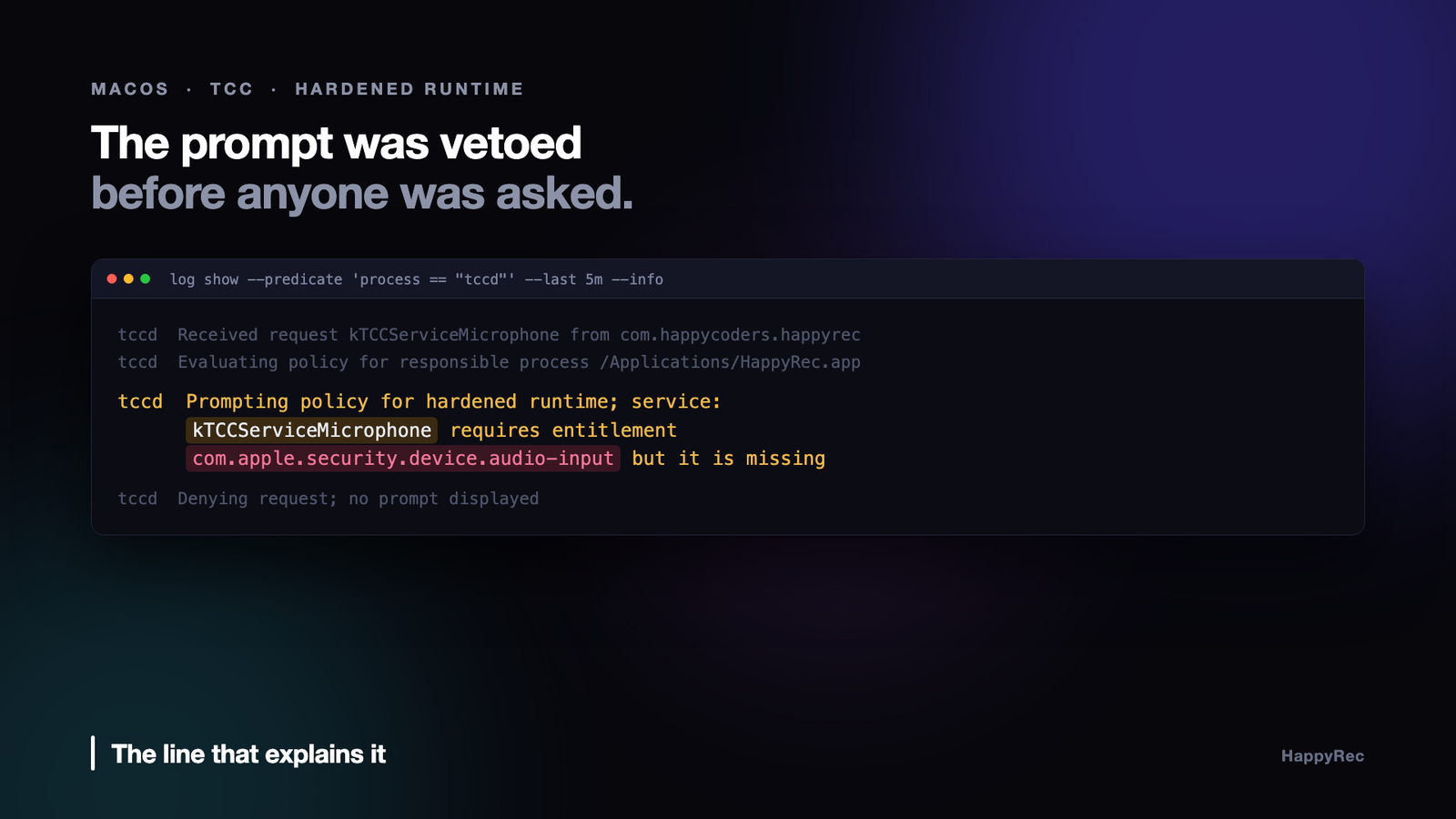 The tccd log line naming the missing macOS microphone permission entitlement