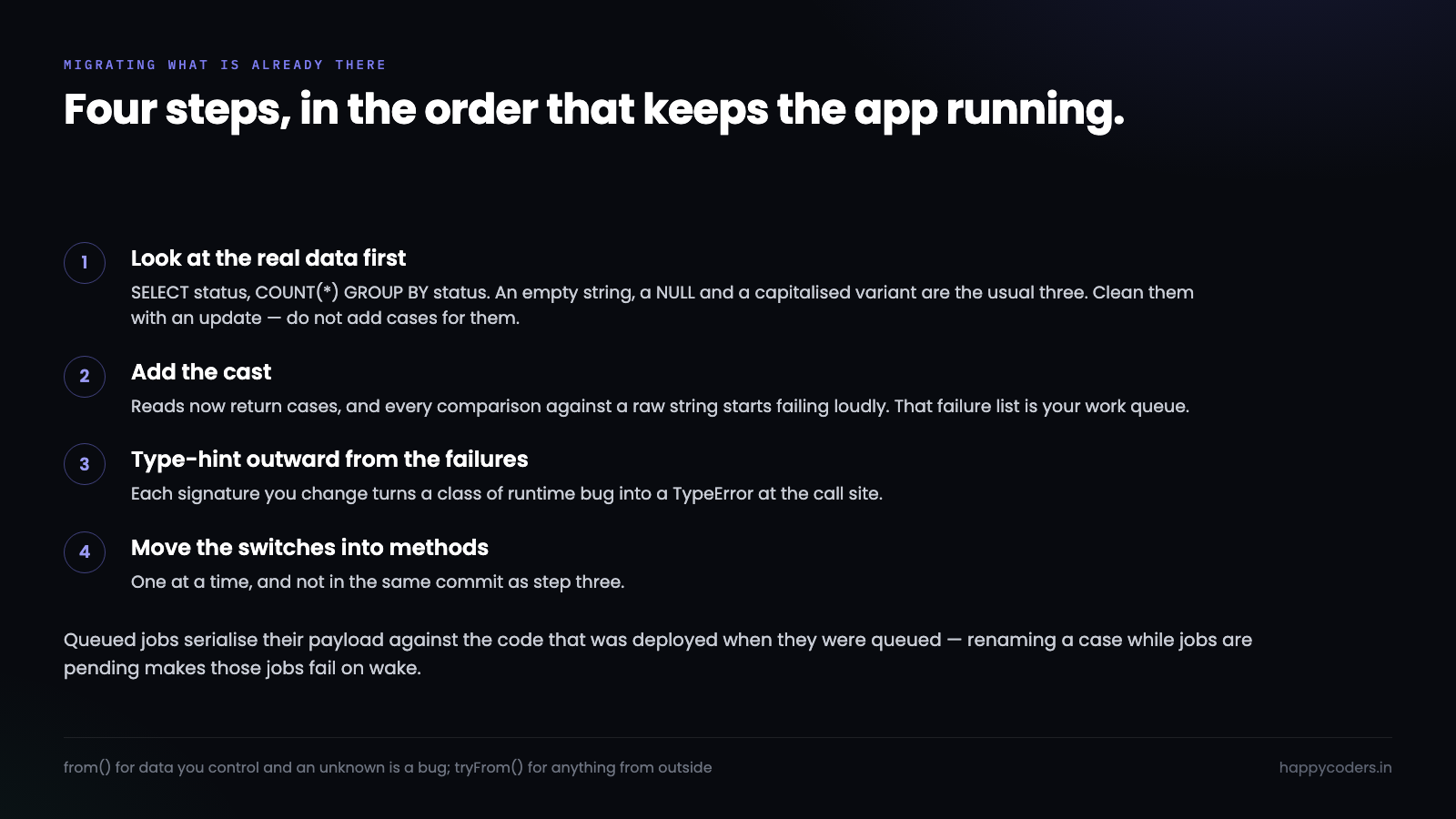 Steps to migrate an existing string column to an enum.