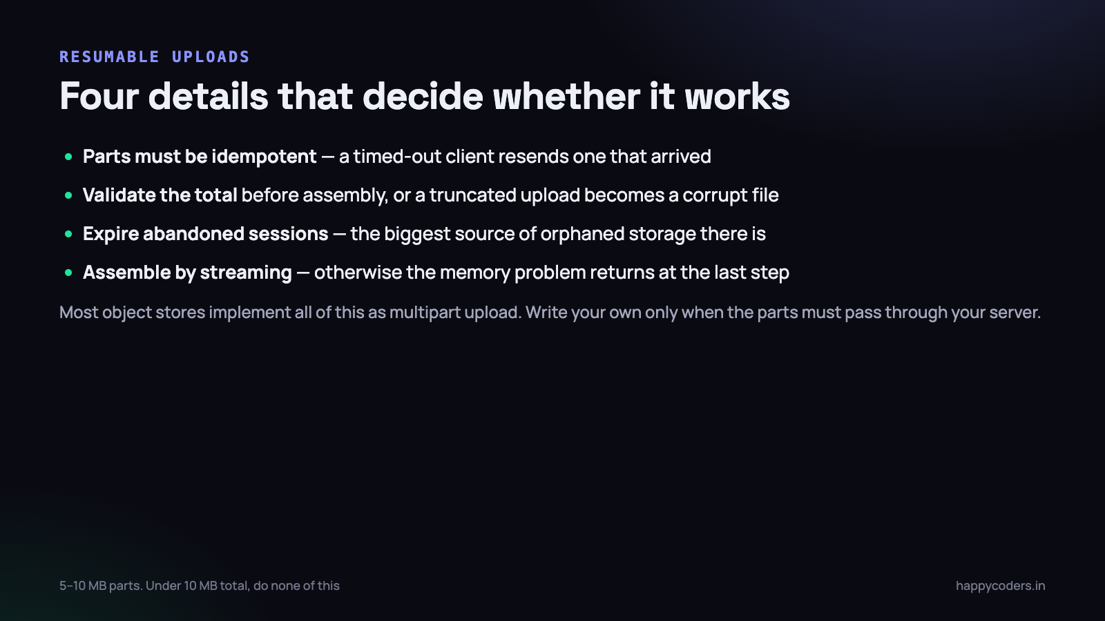Chunked uploads: what each part needs to survive a dropped connection.