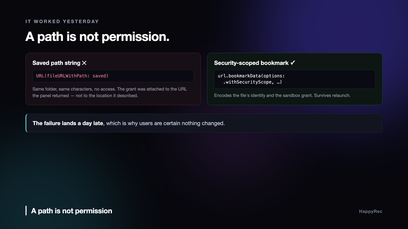 A saved path string versus a security-scoped bookmark in a sandboxed Mac app
